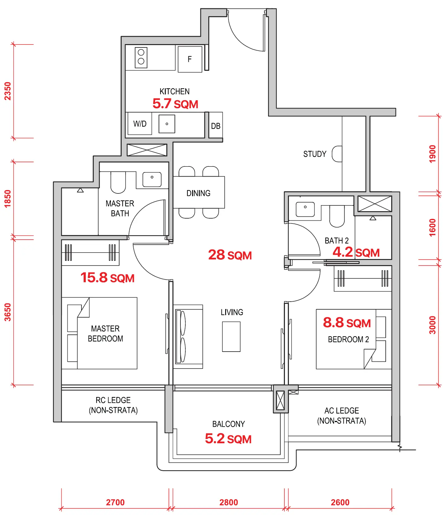 Lentor Gardens Residences 2-Bedroom show unit floor plan — Type 2BR S1, 732 sqft