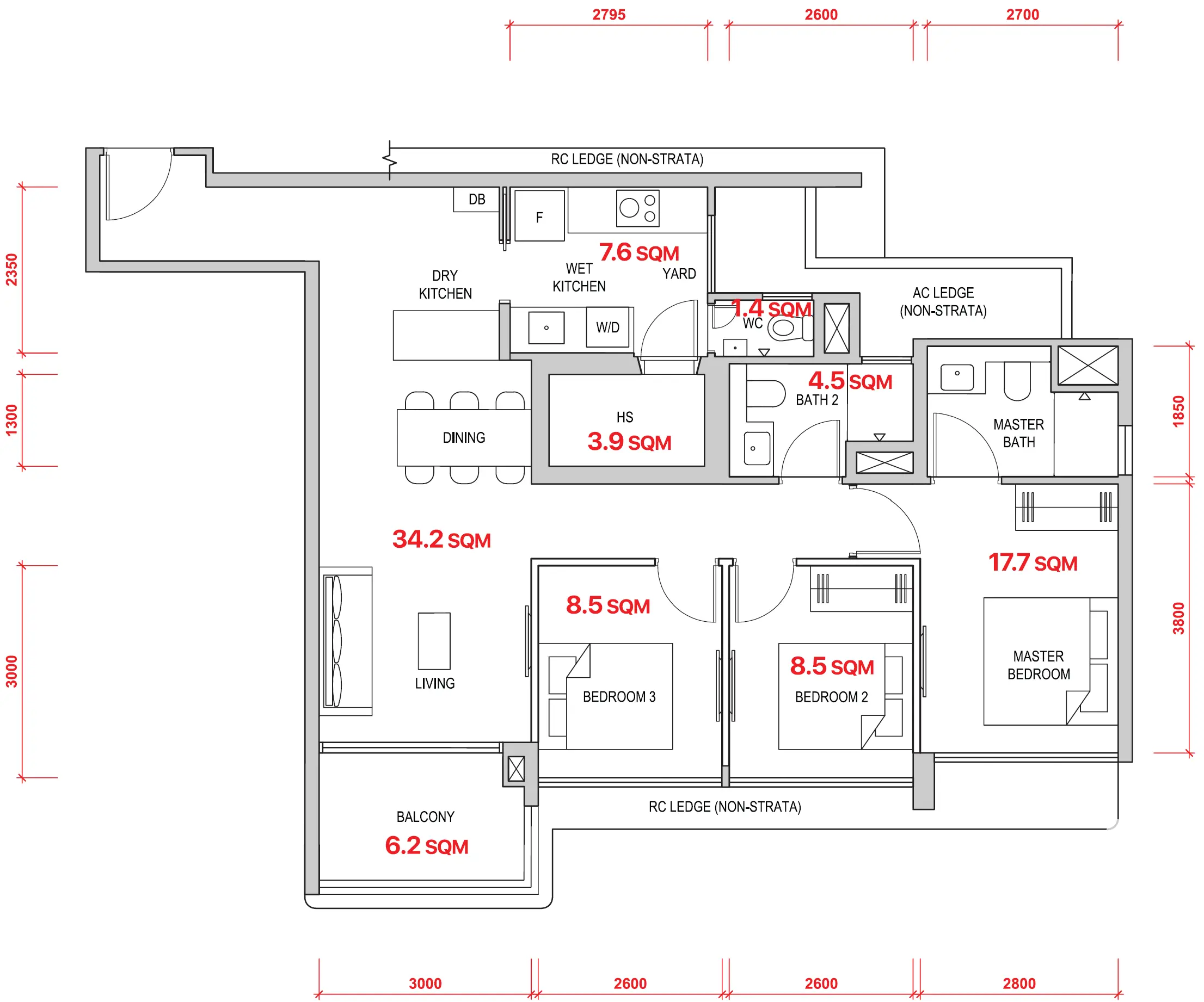Lentor Gardens Residences 3-Bedroom show unit floor plan — Type 3BR P3, 1,001 sqft